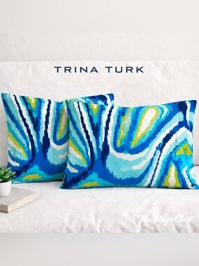 Trina Turk Lumbar Pillow Covers Set 2 Ikat Aqua Teal 27x20 Cotton